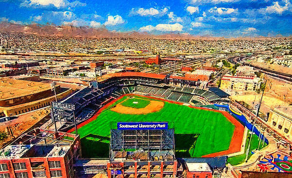 Southwest University Park Art Print featuring the digital art Southwest University Park in El Paso, Texas - digital painting by Nicko Prints