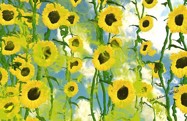 Summer Digital Flowers Sunflower Sun Art Print featuring the digital art Sunflowers by Bob Shimer