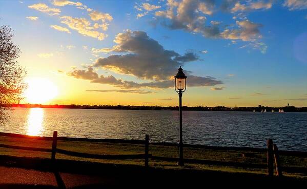 Rivers Art Print featuring the photograph Sunset and Gas Lamppost on the Delaware by Linda Stern