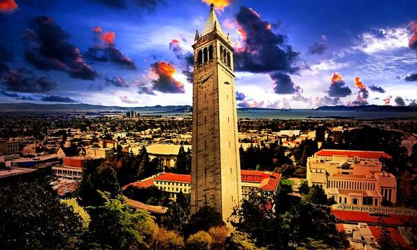 Berkeley Art Print featuring the digital art The Sather Tower and a a view to Berkeley Campus, downtown Berkeley and San Francisco Bay at sunrise by Nicko Prints