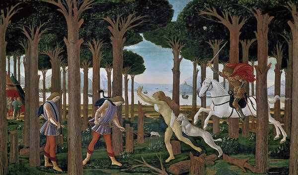 Sandro Botticelli Art Print featuring the painting The Story of Nastagio Degli Onesti, part one by Sandro Botticelli by Mango Art