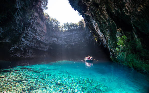 Greece Art Print featuring the photograph Tourists in hidden Melissani Cave, Greece by Jan Vesel