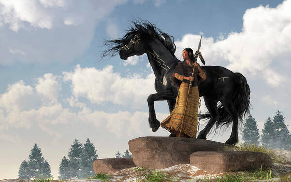 Native American Art Print featuring the digital art Woman Warrior and War Horse by Daniel Eskridge
