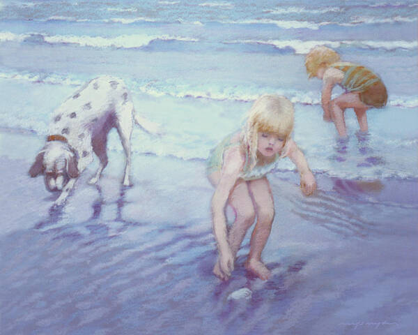 Boy And Girl At The Beach Art Print featuring the painting Beach Threesome #1 by J Reifsnyder