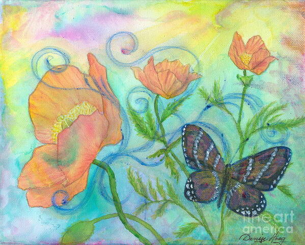 Poppies Art Print featuring the painting Butterfly Reclaimed #1 by Denise Hoag