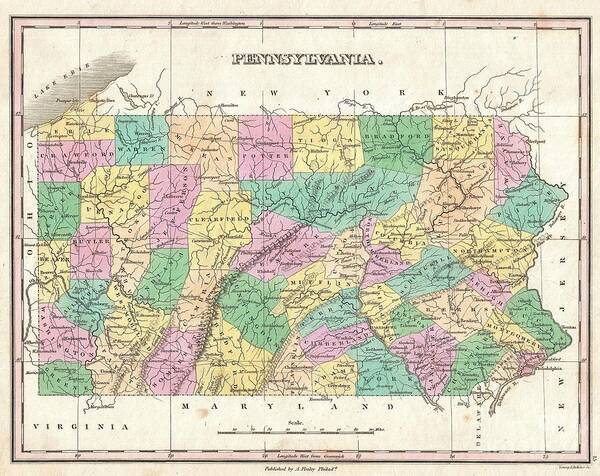 A Beautiful Example Of Finley's Important 1827 Map Of Pennsylvania. Depicts The State With Moderate Detail In Finley's Classic Minimalist Style. Shows River Ways Art Print featuring the photograph 1827 Finley Map of Pennsylvania by Paul Fearn