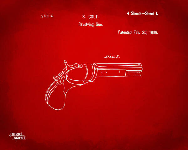 Colt Revolver Art Print featuring the digital art 1836 First Colt Revolver Patent Artwork - Red by Nikki Marie Smith