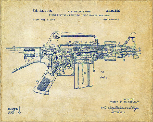 M-16 Art Print featuring the digital art 1966 M-16 Gun Patent Vintage by Nikki Marie Smith