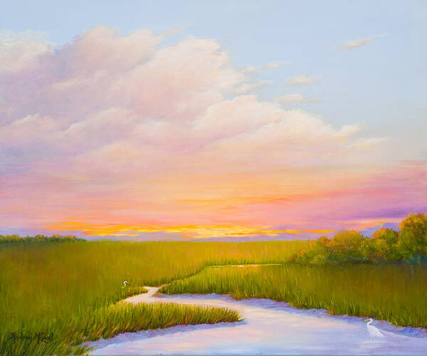 Coastal Colors Over A Southern Marsh.brilliant Pink And Yellow In The Sky And A Green Marsh Art Print featuring the painting Carolina Glow by Audrey McLeod