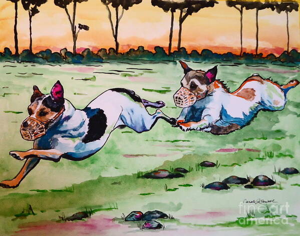 Jack Russell Terrier Art Print featuring the painting Jack Russells Racing #2 by Carole Powell