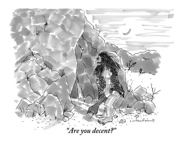Cavemen Art Print featuring the drawing A Caveman Calls Into Cave From Entrance by Michael Crawford