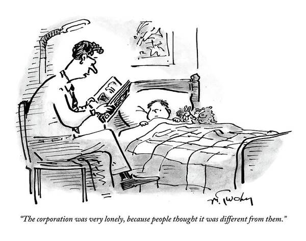 #condenastnewyorkercartoon Art Print featuring the drawing A Father Tucks His Son Into Bed With A Bedtime by Mike Twohy