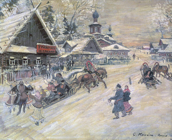 Winter Art Print featuring the painting A Festive Walk, Russia by Konstantin Alekseevich Korovin