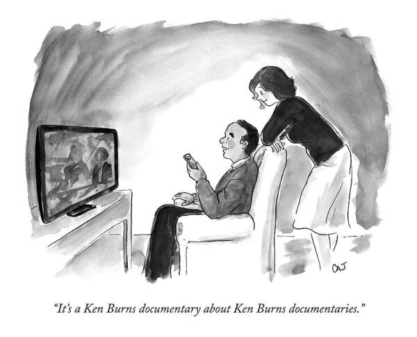 Ken Burns Art Print featuring the drawing A Man And Wife Watch Television by Carolita Johnson