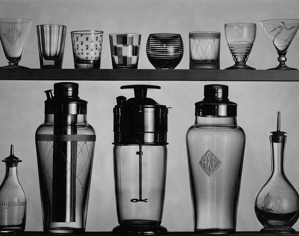 Accessories Art Print featuring the photograph A Row Of Glasses On A Shelf by The 3