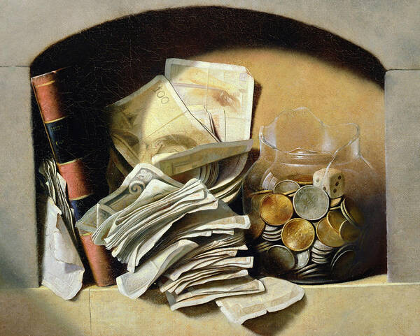 Still-life Art Print featuring the painting A trompe loeil of paper money coins by French School