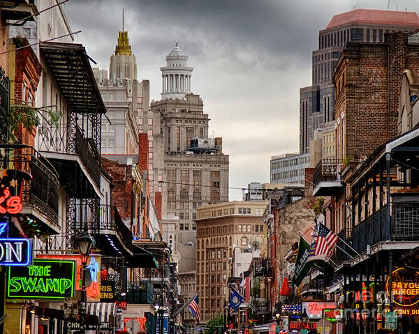 New Orleans Art Print featuring the photograph A view down Bourbon Street by Jarrod Erbe