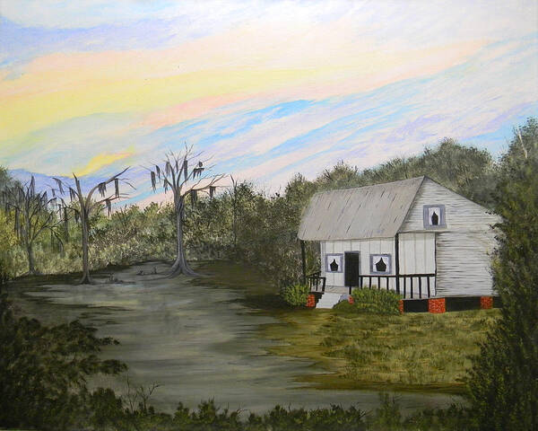 Acadian Art Print featuring the painting Acadian Home On The Bayou by Bertie Edwards