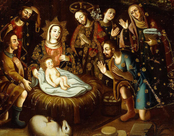 Nativity Art Print featuring the painting Adoration of the Sheperds by Gaspar Miguel de Berrio