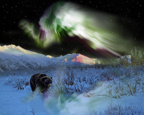 Alaska Art Print featuring the digital art Alaska Aurora Knik River Road Bear  # DA 182 by Dianne Roberson