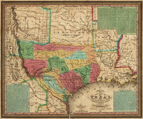 Texas Art Print featuring the drawing Antique Map of Texas by James Hamilton Young - 1835 by Blue Monocle