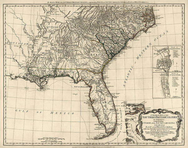 Southeast Us Art Print featuring the drawing Antique Map of the Southeastern United States by Bernard Romans - 1776 by Blue Monocle
