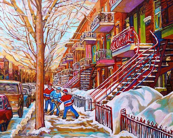 Montreal Art Print featuring the painting Art Of Montreal Staircases In Winter Street Hockey Game City Streetscenes By Carole Spandau by Carole Spandau