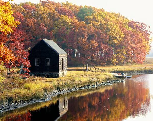 Autumn Landscape Art Print featuring the photograph Autumn Boathouse by Elaine Franklin