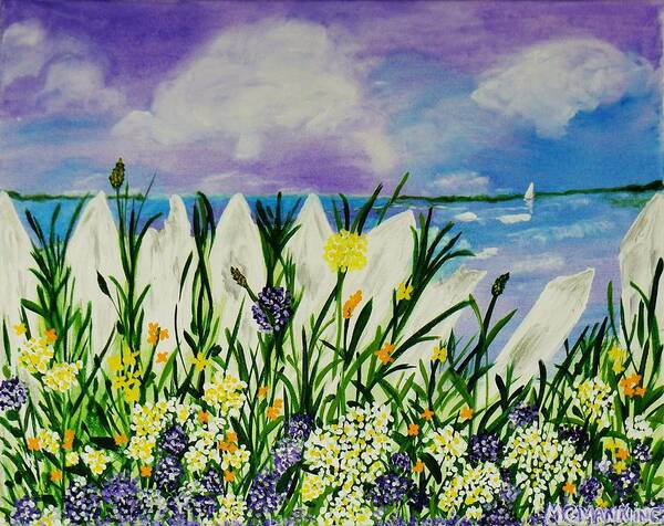 Seascape With Flowers Art Print featuring the painting Backyard Beach by Celeste Manning