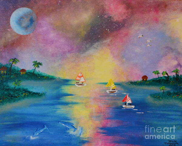 Moon Art Print featuring the painting Bahama Sunset by Denise Tomasura