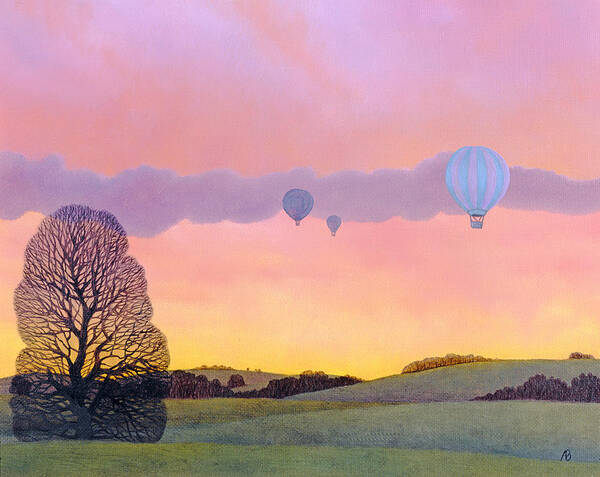 Hot Air Balloons; Evening; Dusk; Field; Rural; Landscape; Tree; Silhouette; Sunset; Racing; Serene; Tranquil; Freedom Art Print featuring the painting Balloon Race by Ann Brian