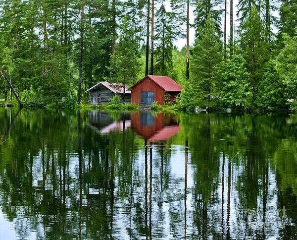 Boat House Art Print featuring the photograph Boat house on Swedish lake by Micah May