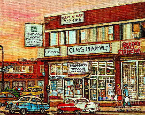 Montreal Art Print featuring the painting Brown Derby Van Horne Shopping Center Clay's Pharmacy Montreal Paintings City Scenes Carole Spandau by Carole Spandau