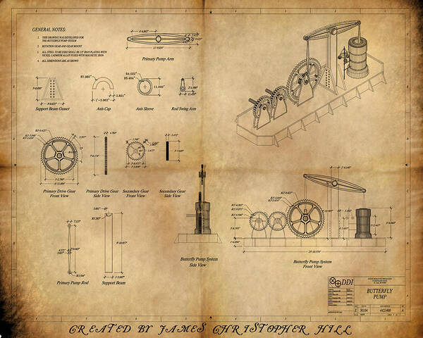 Steampunk; Gears; Housing; Cogs; Machinery; Lathe; Columns; Brass; Copper; Gold; Ratio; Rotation; Elegant; Forge; Industry; Jules Verne Art Print featuring the painting Butterfly Pump by James Hill