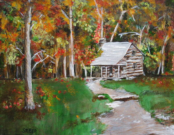 Cabin Art Print featuring the painting Cabin in the woods by Kathy Stiber