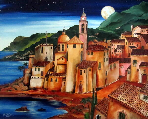 Landscape Art Print featuring the painting Camogli under the moon by Roberto Gagliardi