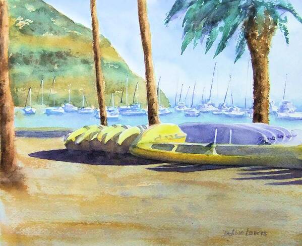 Canoes Art Print featuring the painting Canoes and Surfboards in the Morning Light - Catalina by Debbie Lewis