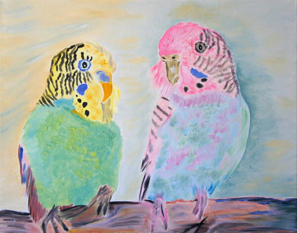 Parakeets Art Print featuring the painting Childhood Parakeets by Meryl Goudey