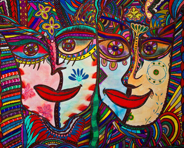 Colorful Faces Art Print featuring the painting Colorful Faces Gazing - Ink Abstract Faces by Marie Jamieson