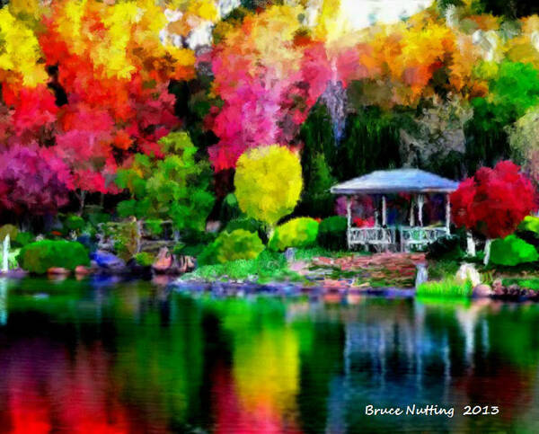 Colorful Art Print featuring the painting Colorful Park at the Lake by Bruce Nutting
