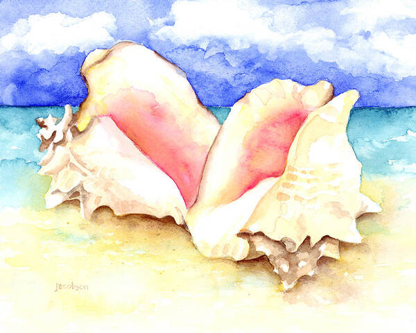 Seashells Art Print featuring the painting Conch Shells on Beach by Pauline Walsh Jacobson