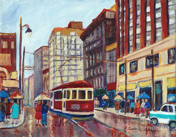 Montreal Art Print featuring the painting Corner St.catherine And University-classic Streetcar-vintage Montreal City Scene by Carole Spandau