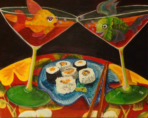 Fish In Cocktail Glasses don't Drink Like A Fish Series. Cosmopolitan Art Art Print featuring the painting Cosmos and Sushi III by Linda Kegley