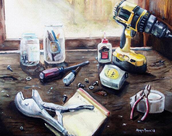 Tool Art Print featuring the painting Dad's Bench by Shana Rowe Jackson