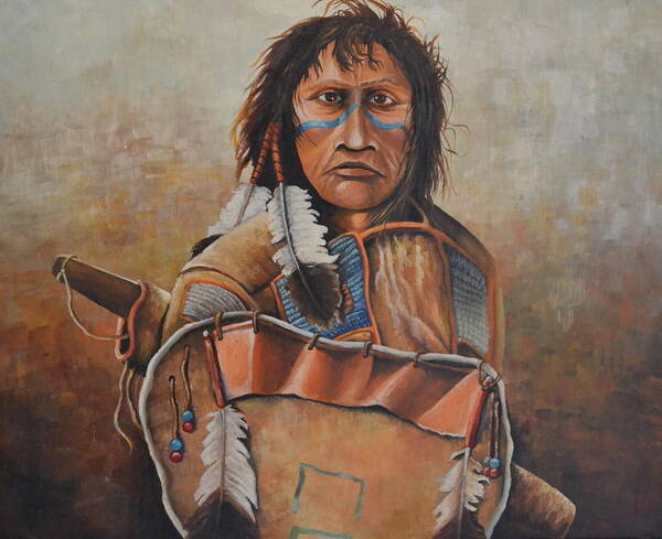 A Dakota Warrior With Shield And Bow Art Print featuring the painting Dakota Warrior by Martin Schmidt