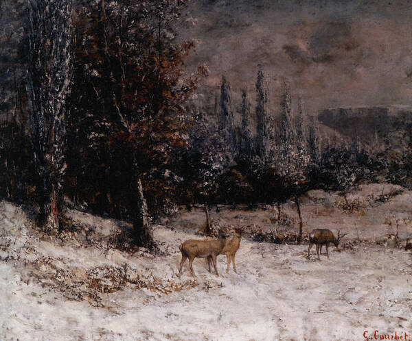 Chevreuils Dans La Neige Art Print featuring the digital art Deer in the Snow by Gustave Courbet