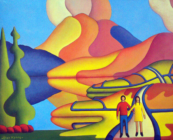 Lovers Art Print featuring the painting Dreamscape with lovers by lake by Alan Kenny