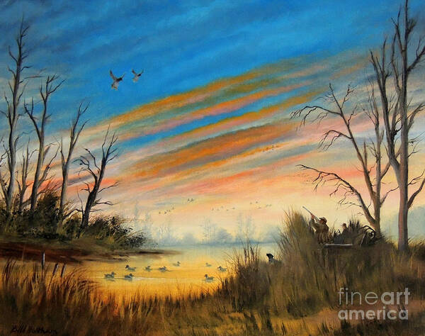 Duck Hunting Art Print featuring the painting Evening Duck Hunt by Bill Holkham