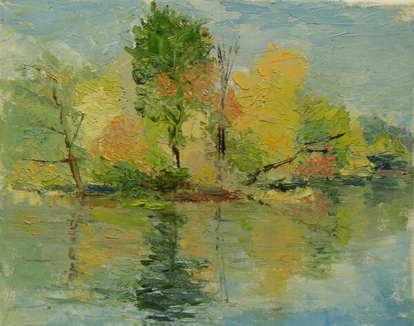 Foliage Art Print featuring the painting Fall on The Pond by Nicolas Bouteneff