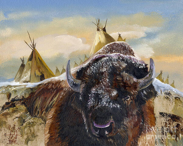 Bison Art Print featuring the painting Feed the Fire by J W Baker